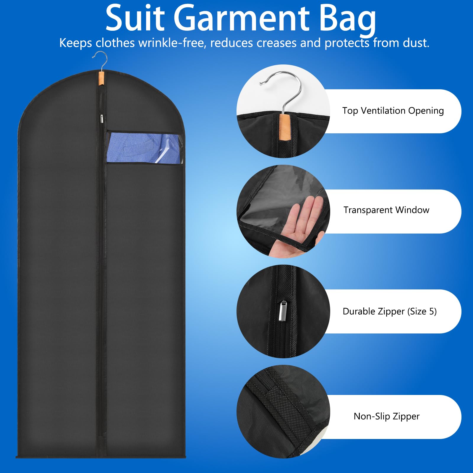 Sevenpers 6 Pack Suit Bags Garment Bags for Hanging Clothes 60x120cm Black