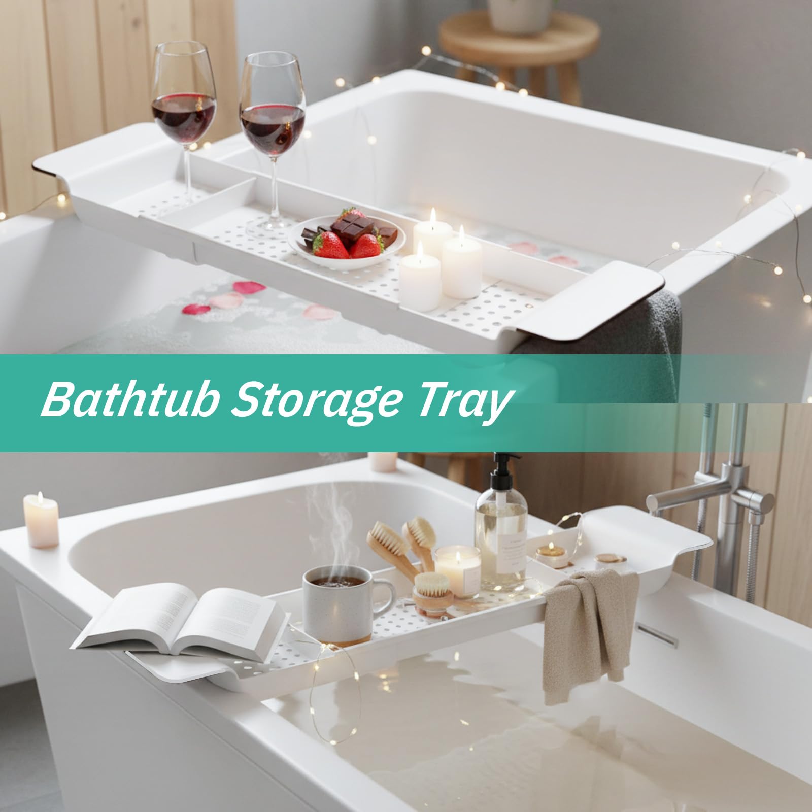 Expandable Bath Rack, Bath Tray Adjustable Bathtub Tray Multifunctional Bathtub Caddy Trays Bathroom Accessories Stylish For Candle Towel Book Wine