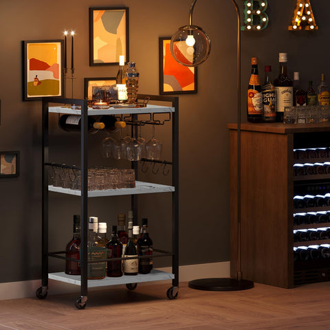 TUTOTAK Drinks Trolley, Bar Cart with 3-Tier Shelf, Serving Trolley with Wine Rack, Glass Holder, Rolling bar cart for The Home, Living Room