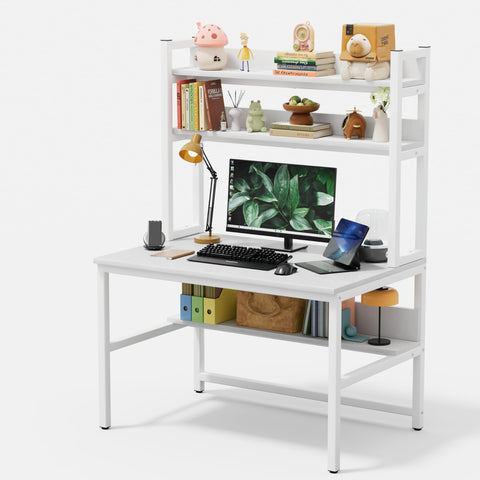 Aquzee Desk with Shelves, 100 cm Computer Desk with Hutch, Bookshelve Above, Study WriteTable Desks & Workstations for Bedroom Space Saving with 3
