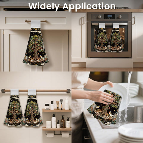 CUTHOLLOW 2 Pcs Moon and Tree of Life Hanging Kitchen Towels with Loop