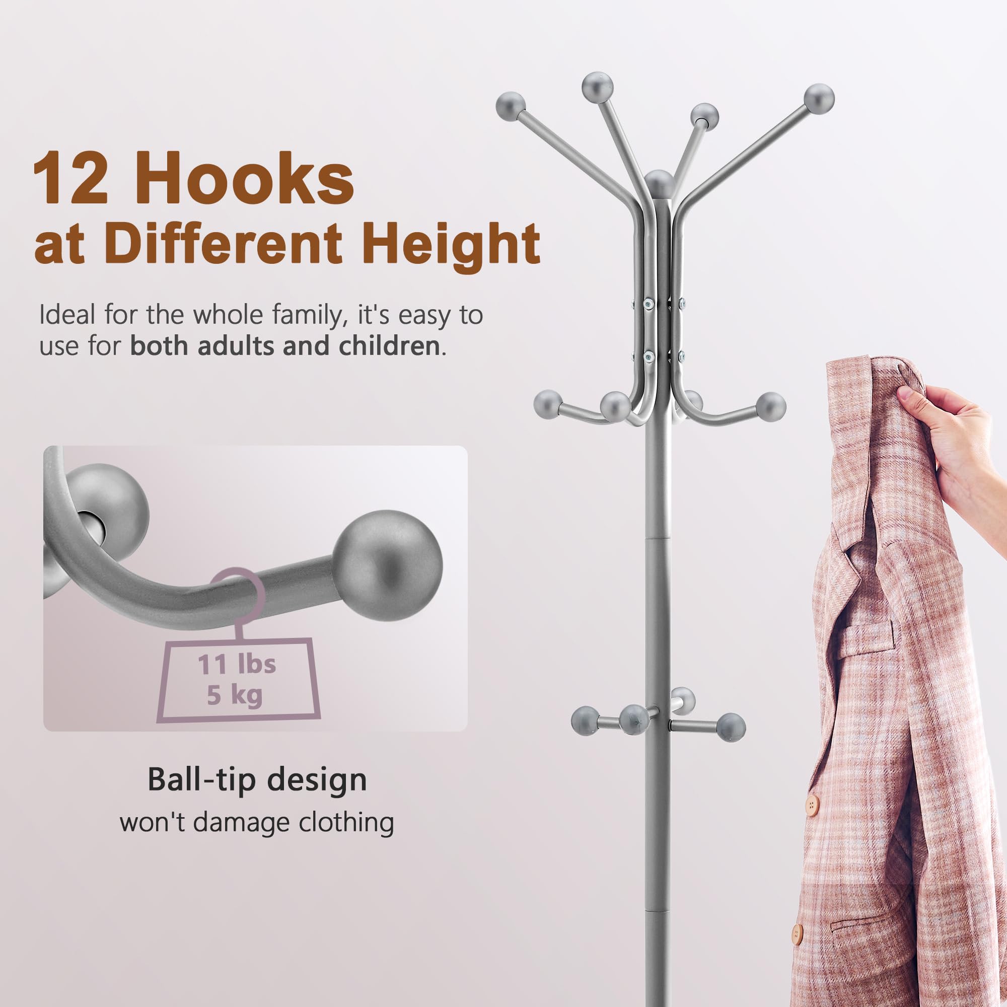 Hoctieon Coat Rack Freestanding With Umbrella Holder, Metal Coat Tree With 12 Hooks, Standing Hanger for Entryway, Hat Rack for Home Office, Gray