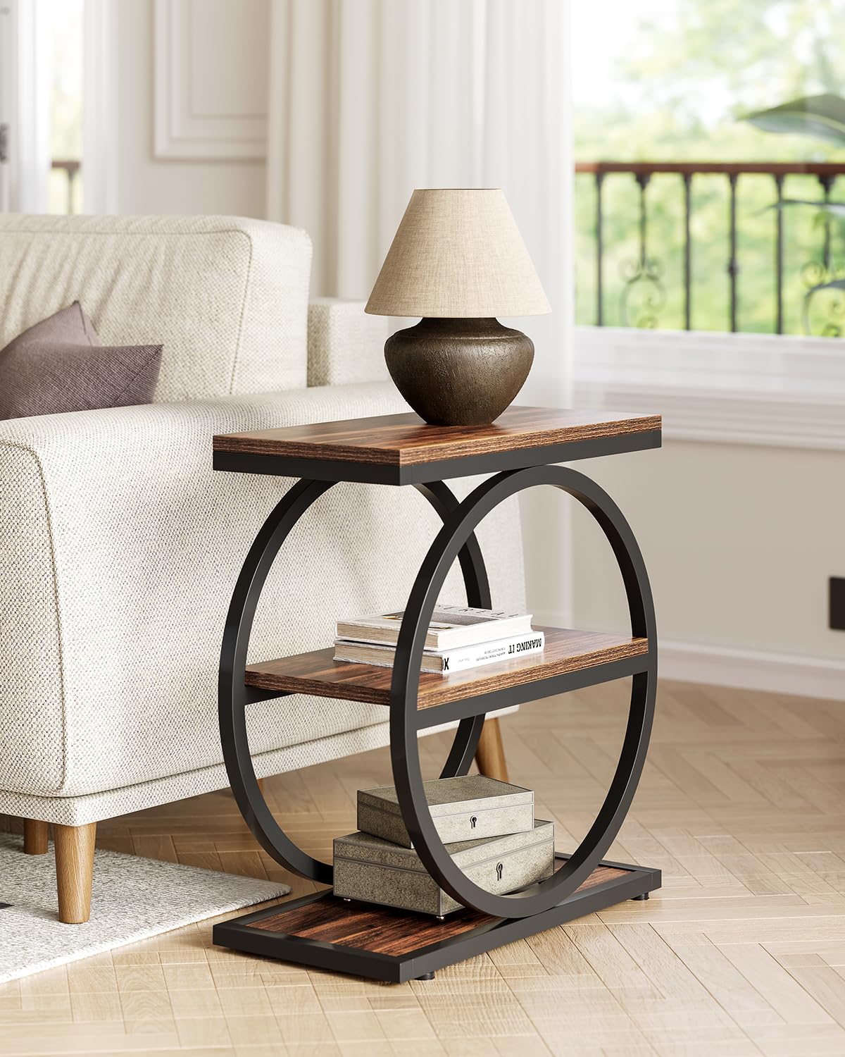 LITTLE TREE End Table, 3-Tier Side Table, Slim Sofa Side Table for Living Room, Tall Bedside Table Nightstand for Bedroom, Rustic Brown and Black