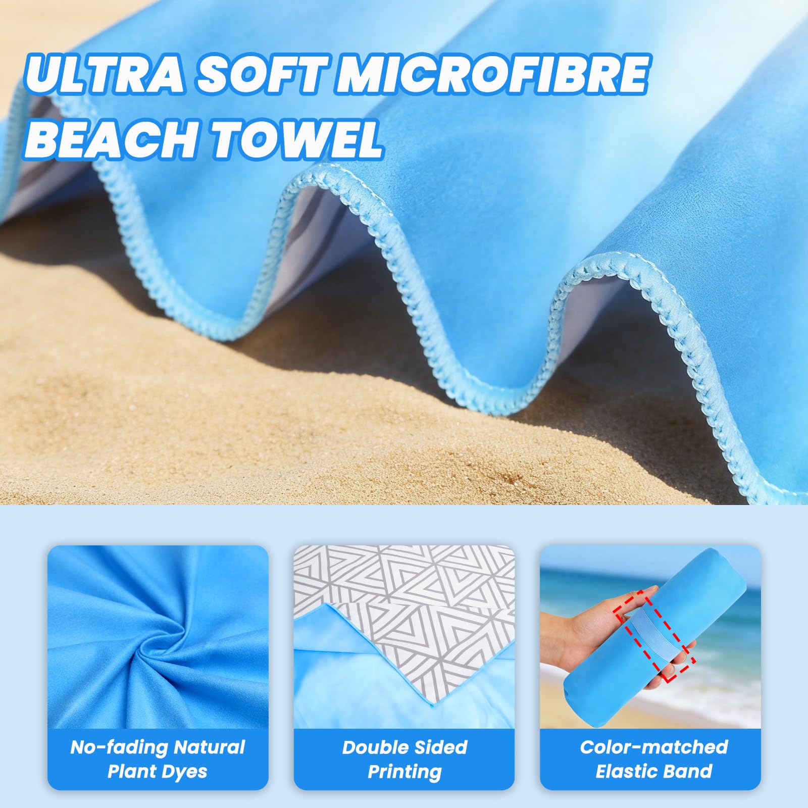 Microfibre Beach Towels for Adults - 2 Pack 180x90cm Microfibre Towel