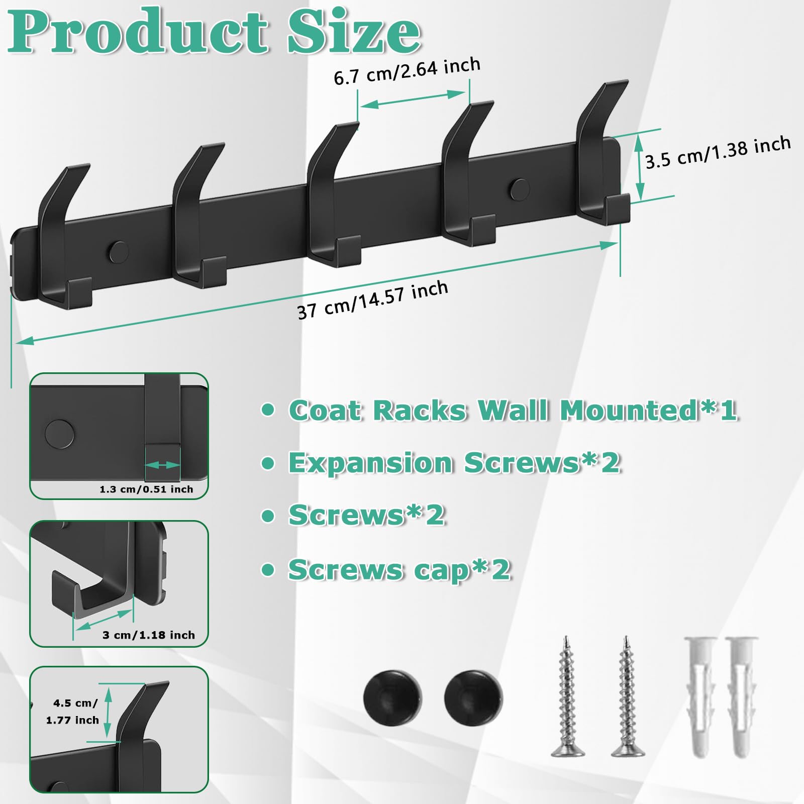 QMAHA Multipurpose Heavy Duty Coat Rack - Wall Mounted Coat Hooks with Fittings, Rustproof for Bedroom, Bathroom, Kitchen, Entryway