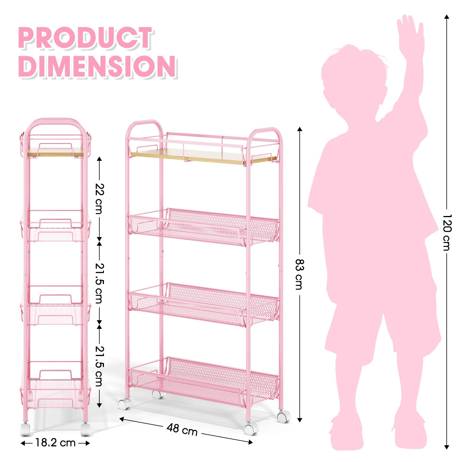 KINGRACK 4-Tier Slim Rolling Cart, Metal Storage Cart with Wooden Tabletop and Mesh Baskets for Narrow Space on Kitchen Bathroom Laundry Room Bedroom