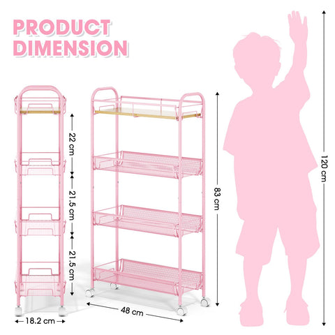 KINGRACK 4-Tier Slim Rolling Cart, Metal Storage Cart with Wooden Tabletop and Mesh Baskets for Narrow Space on Kitchen Bathroom Laundry Room Bedroom