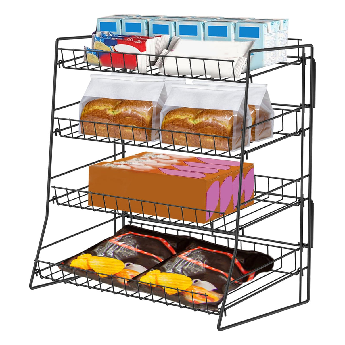 4 Tier Candy Display Rack, Metal Snack Rack Display Stand, Countertop Organiser Shelf for Packaged Crisps & Fruits