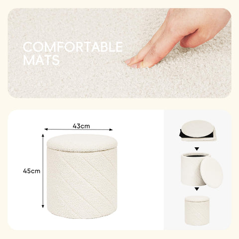PINPLUS Round Ottoman Storage Box, Folding Stool, White, 43x43x45 cm