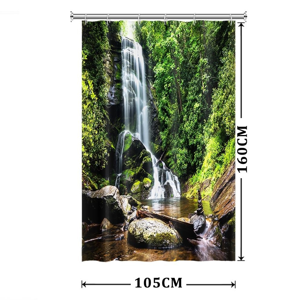 Xiaoterna Nature Shower Curtain Spring Waterfall Bathroom Curtain Tropical Jungle Green Forest Landscape Moss Stone River Washable Shower Curtain