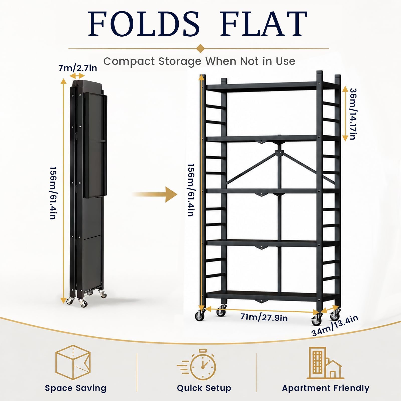 WUDLEP 5-Tier Heavy Duty Storage Shelves with Wheels, 156cm Hx71cm Wx34cm D