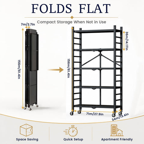 WUDLEP 5-Tier Heavy Duty Storage Shelves with Wheels, 156cm Hx71cm Wx34cm D