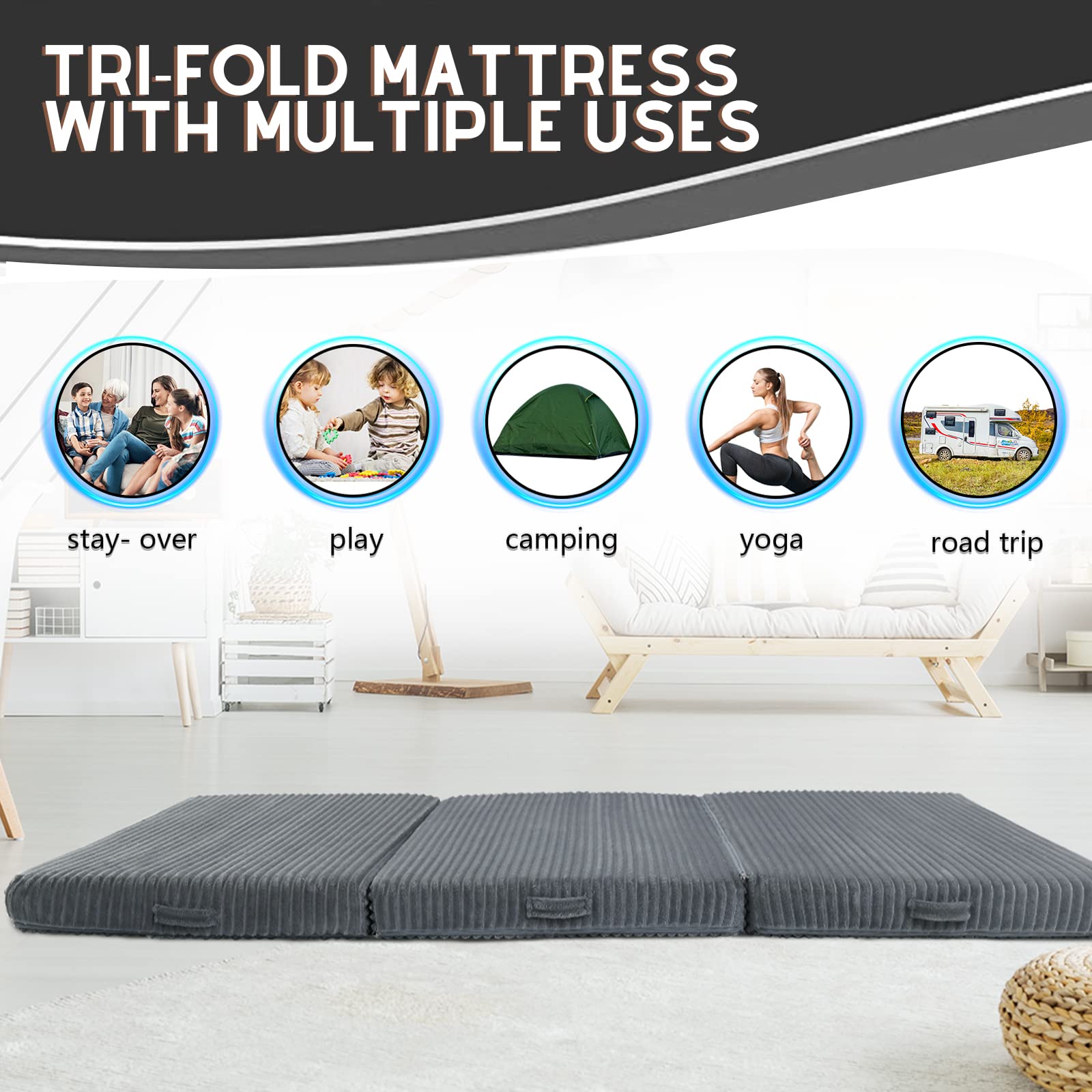 MeMoreCool Tri Folding Floor Mattress 190x75cm, 10cm Thick Foam Foldable Futon Mattress with Washable Cover, Portable Guest Bed Mat for Travel