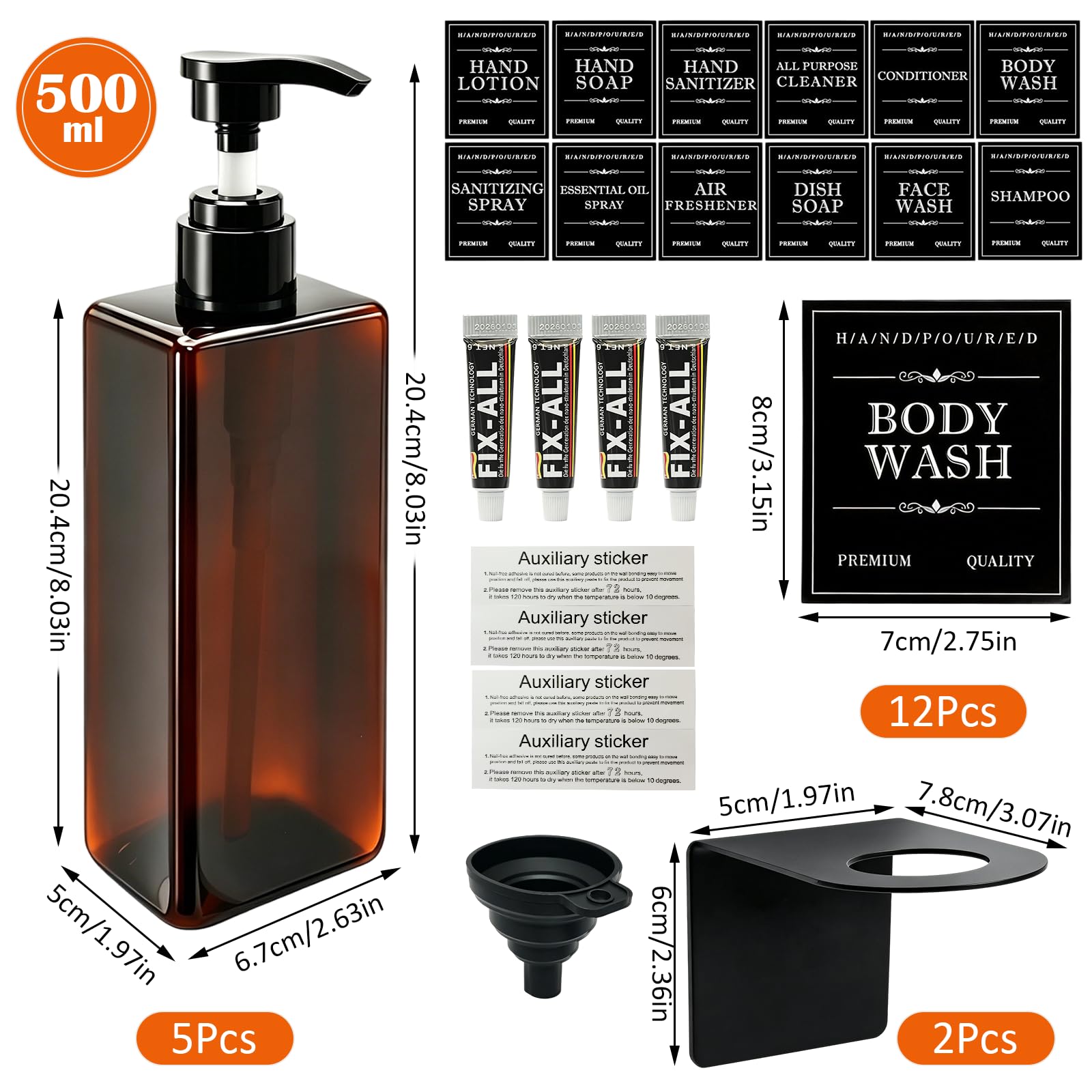 Prebarfun 5Pcs Shower Gel Dispenser 500ML Wall Mounted Soap Dispenser Brown