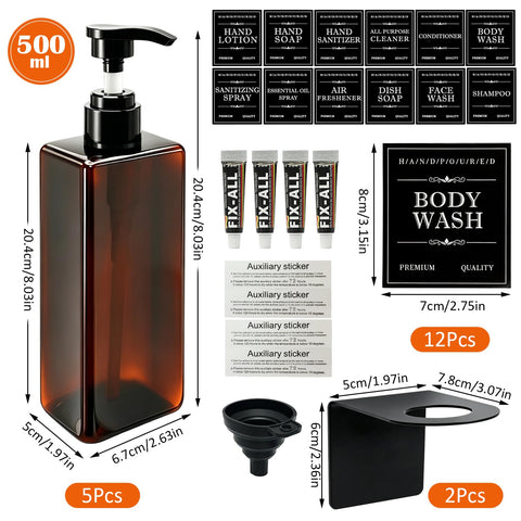 Prebarfun 5Pcs Shower Gel Dispenser 500ML Wall Mounted Soap Dispenser Brown