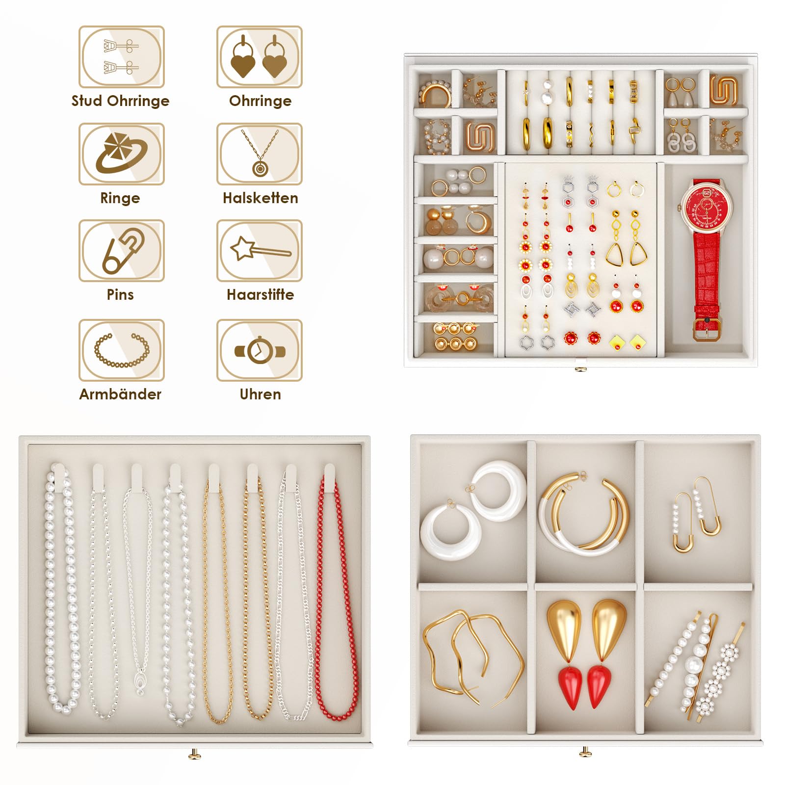 Large Jewellery Box, 4-layer 3 Drawer Jewelry organiser, Cloud White