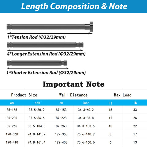 Shower Curtain Pole Extendable Tension Rod No Drill Curtain Pole Shower Curtain Rail Extendable Pole for Bathroom, Window, Door, Closet