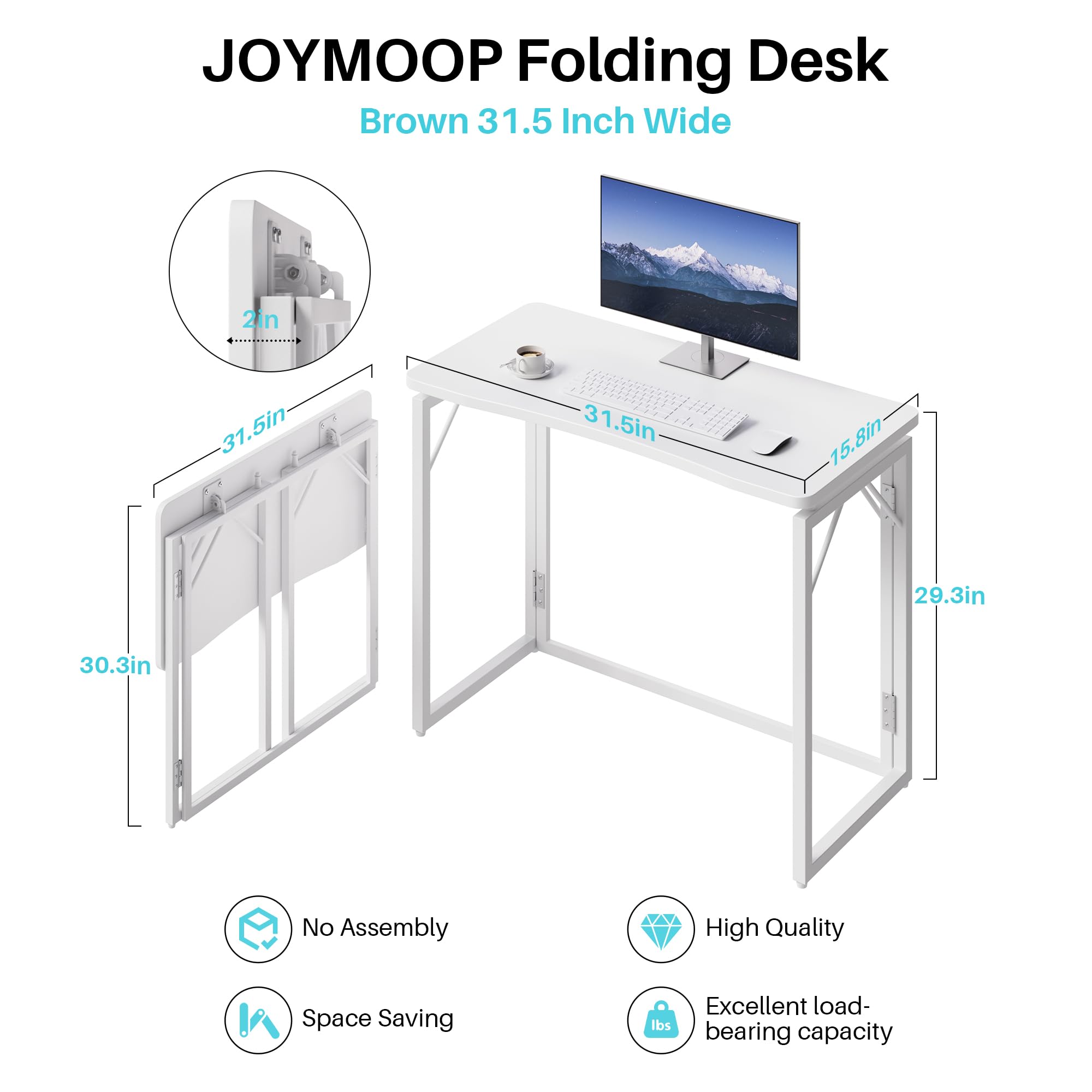 JOYMOOP White Folding Desk - 80 x 40 cm, No Assembly Small Foldable Desk for Home, Office, Wooden Top Folding Computer Desk for Working, Writing