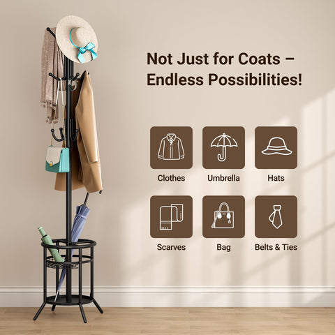 ELYKEN Metal Coat Stand with Umbrella Holder Vintage for Office Black