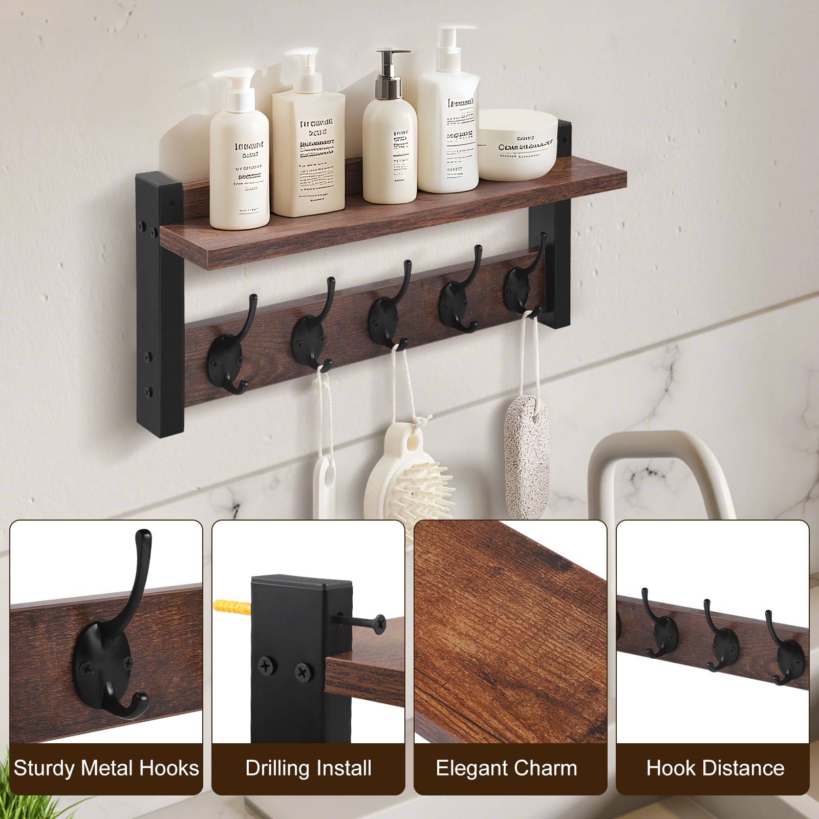Dumenix Coat Rack Wall Mounted - Coat Hooks Wall Mounted with 5 Coat Hooks Removable Floating Shelf for Kitchen, Bedroom, Bathroom, Rustic Brown