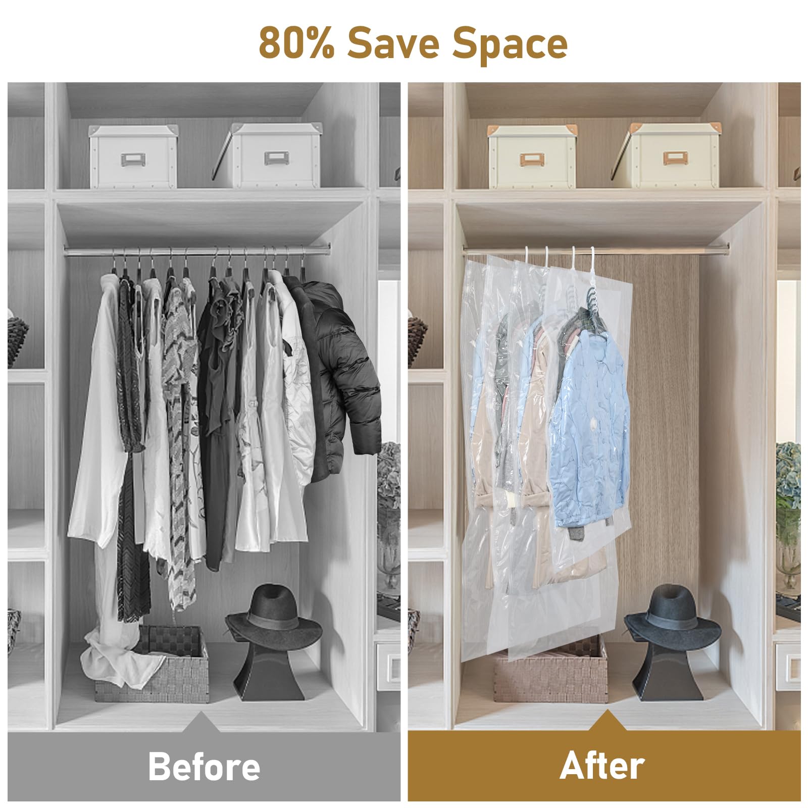 Hanging Vacuum Storage Bags, ZWMYF 4 PCS Space-saving Vacuum Bag for Clothes, Suits, Dresses, Coats or Jackets