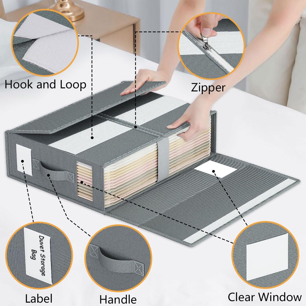 WANGIRL 6 Pack Bed Sheet Organiser Folding Storage, Bedding Organiser Box with Zip for Sheets, Duvet Covers, Clothes, Towels and Blankets (Dark Gray)
