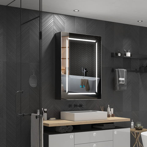 Quavikey® Black Bathroom Mirror Cabinets with Shaver Socket and Light, 50x70 cm LED Illuminated Bathroom Wall Cabinet with Mirror, Anti Fog