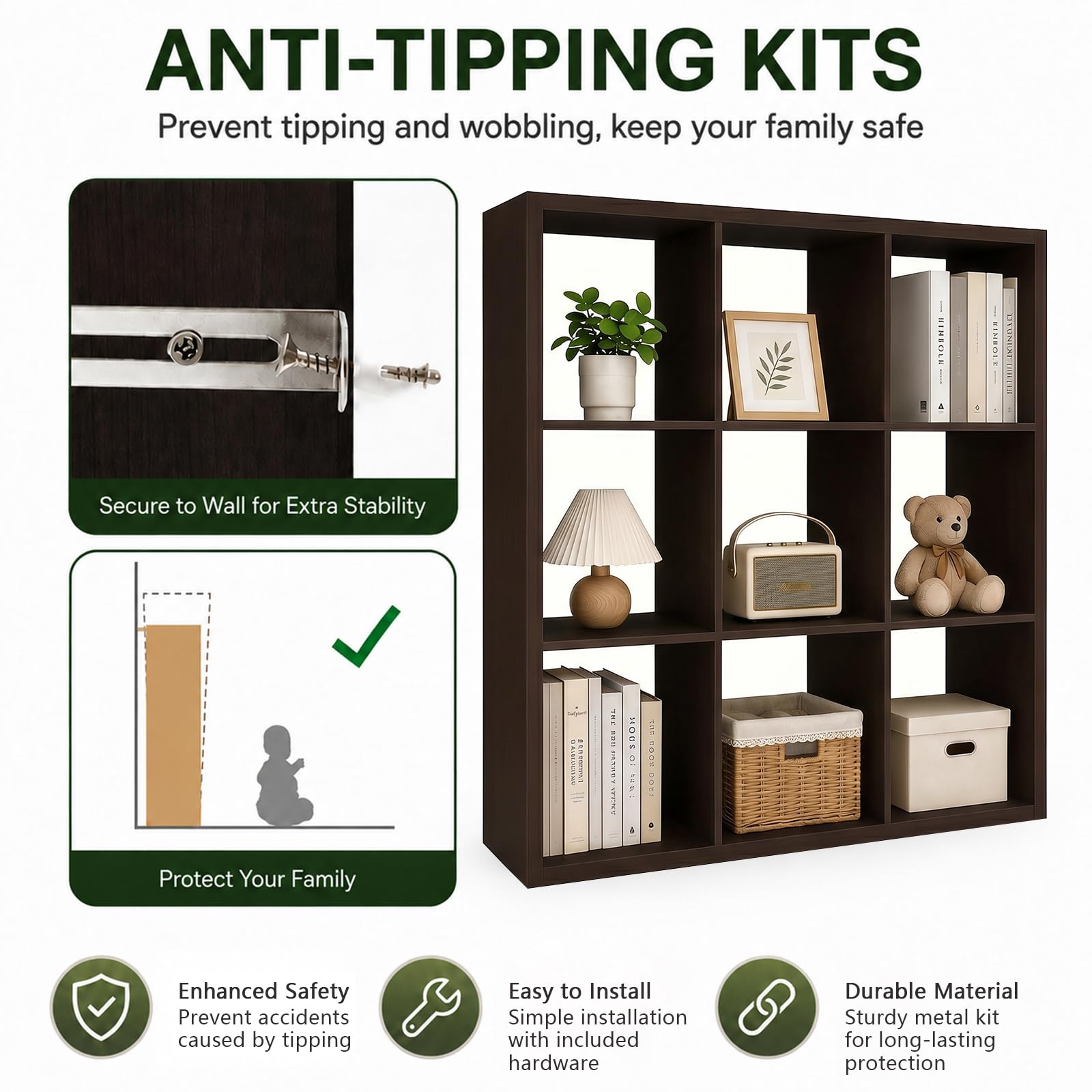 CTESNE【Wooden Thick Frame 9 Cube Storage Organizer Shelf with Anti-Tipping Kits + Reversible Open Back Bookcase