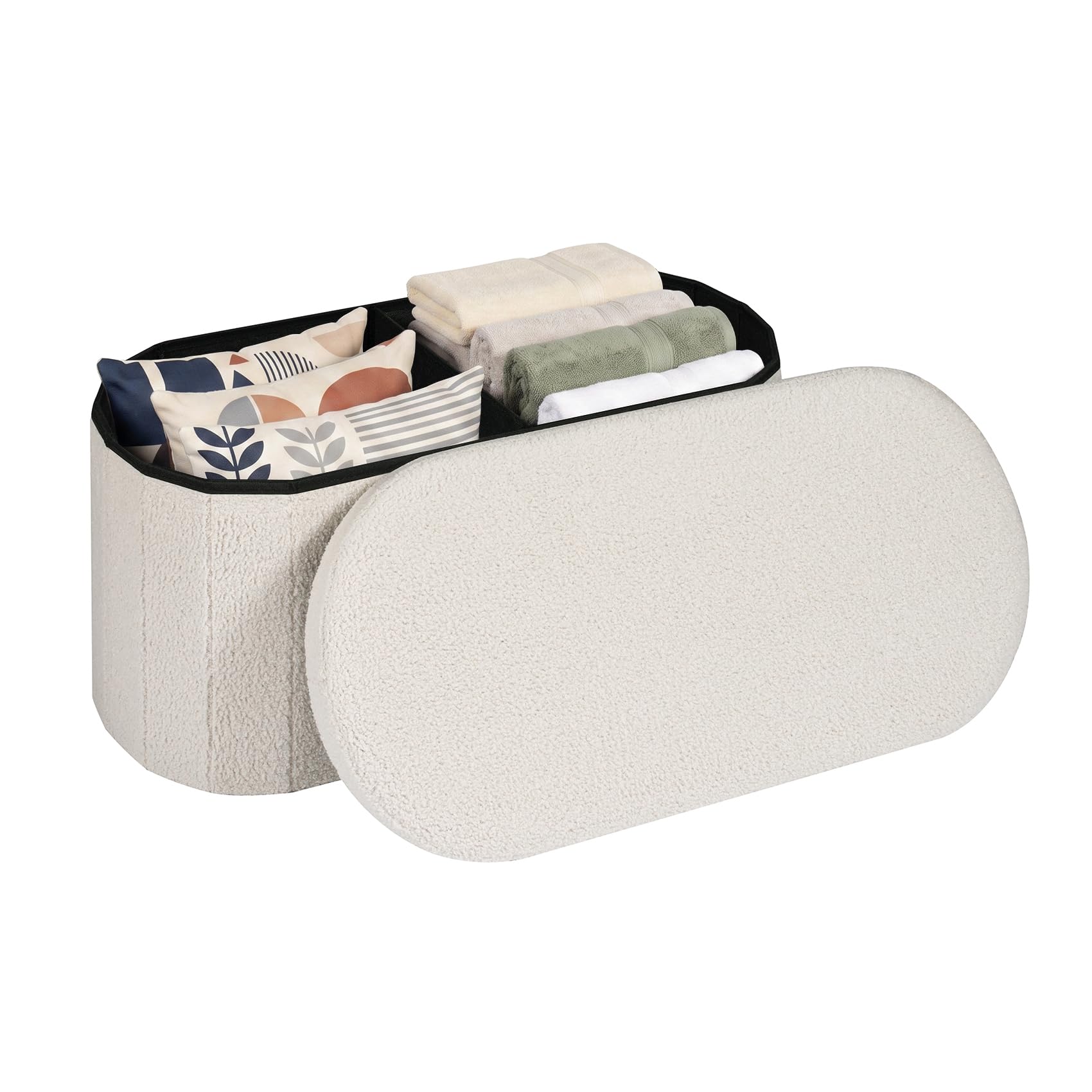 PINPLUS Oval Storage Bench Folding Ottoman Boucle Cream White, 76x38x38 cm