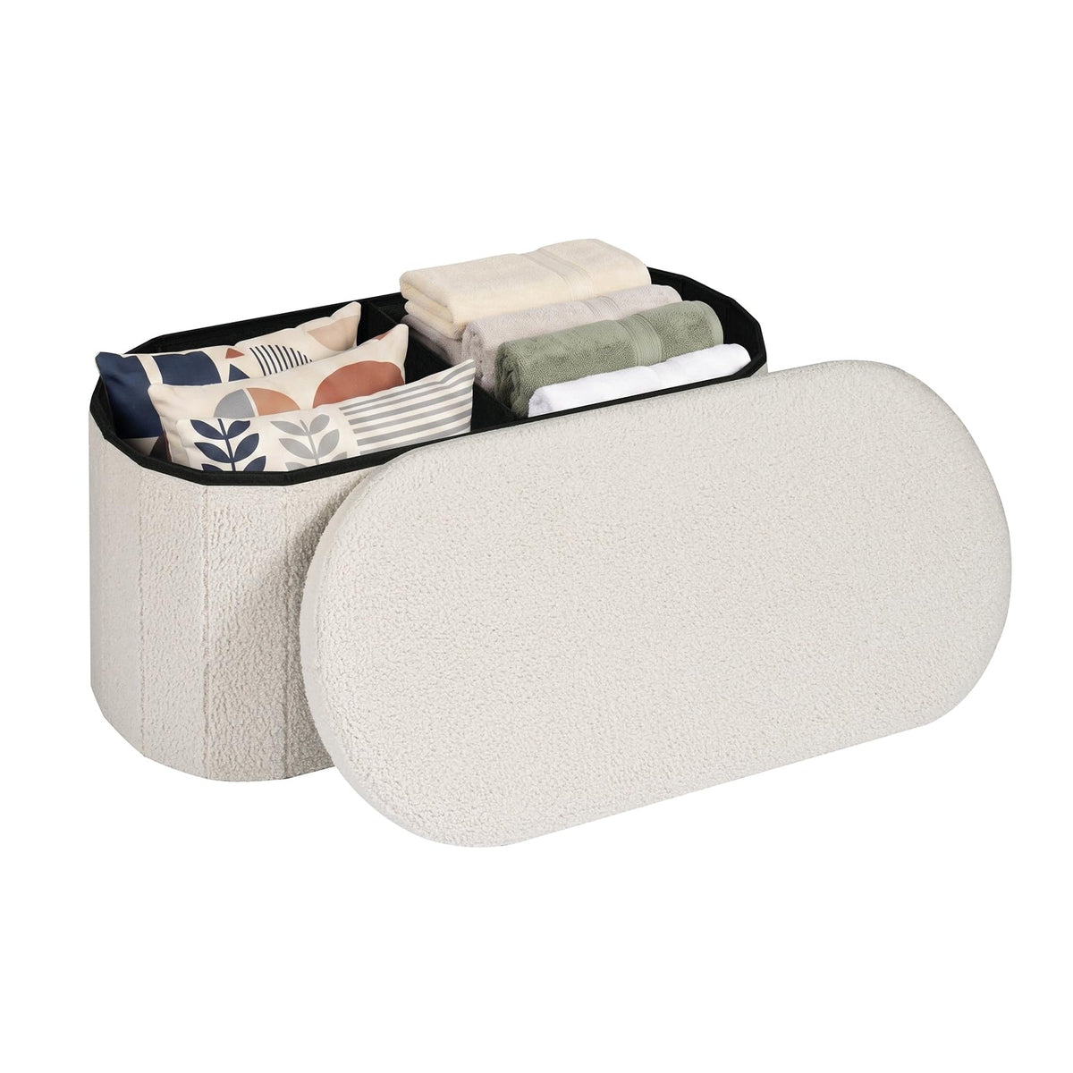 PINPLUS Oval Storage Bench Folding Ottoman Boucle Cream White, 76x38x38 cm