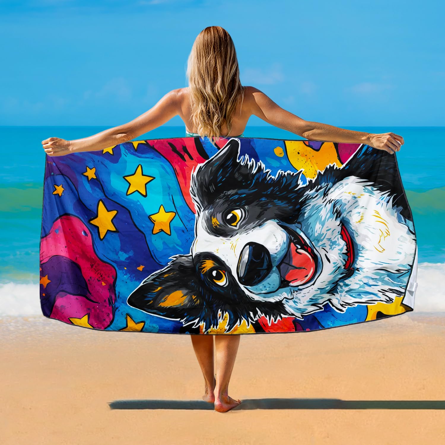 Violetpos Starry Border Collie Beach Towel for Dog Lovers, Extra Large 180x90 cm 250GSM Microfibre, Sand Free Quick Dry