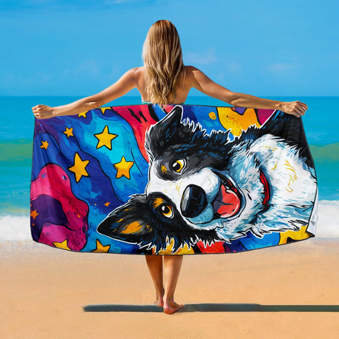 Violetpos Starry Border Collie Beach Towel for Dog Lovers, Extra Large 180x90 cm 250GSM Microfibre, Sand Free Quick Dry