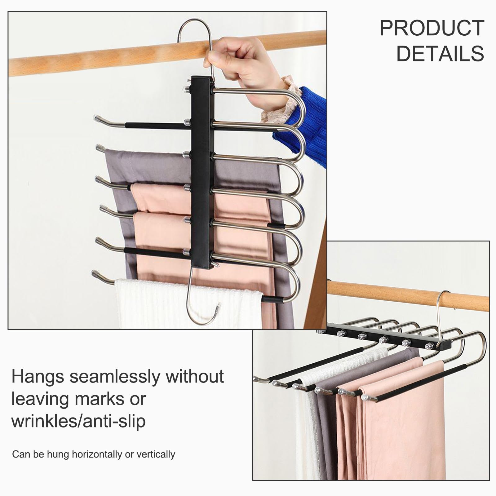2 Pack Space Saving Trouser Hangers, 5-in-1 Non-Slip Multi Trouser Hanger, Coat Hangers for Wardrobe