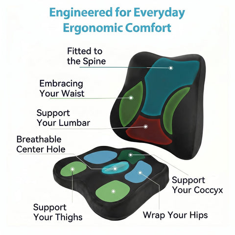 Seat Cushion and Lumbar Support - Memory Foam Chair Cushion & Back Support for Tailbone & Back Pain Relief Ergonomic Coccyx Cushion for Home Office