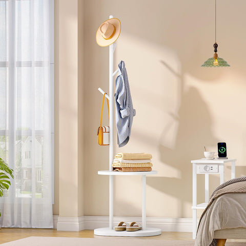 HOOBRO Coat Stand, Freestanding Coat Rack with 2 Shelves and 4 Hooks, Coat Stands for Hallway, Hall Tree Clothes Rail with Thickened Base