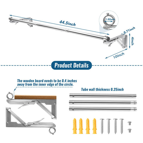 Foldable Wall Mounted Clothes Rack-44'' Long Rod&2 Bases,Stainless Steel, Heavy Duty,Detachable,Multi-Purpose for Space-Saving Garment Rack/Clothes