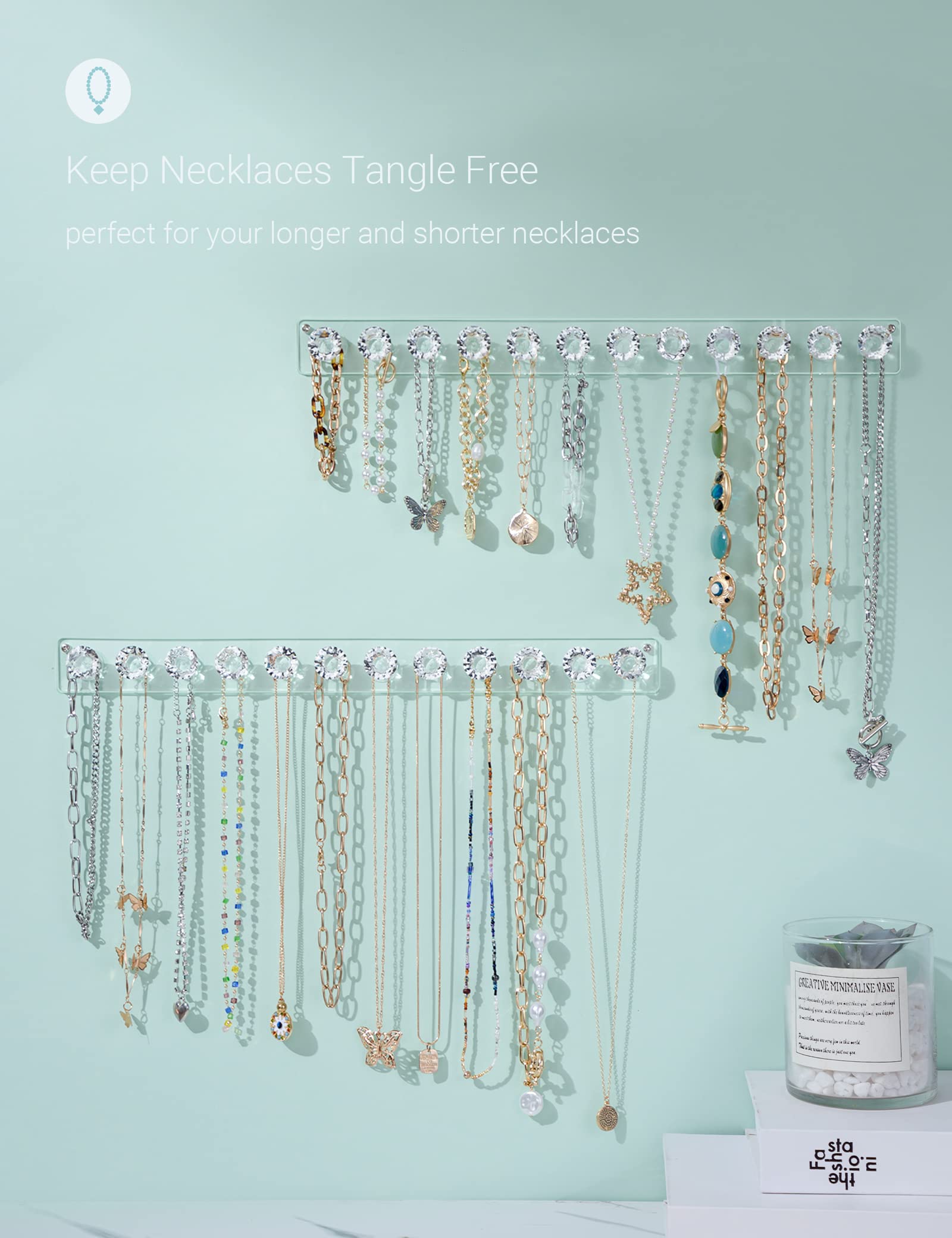 Mymazn Acrylic Necklace Holder Set of 4, Wall Mounted Jewelry Organizer Hanging with 12 Diamond Shape Hooks, Clear Necklaces Hanger