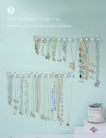 Mymazn Acrylic Necklace Holder Set of 4, Wall Mounted Jewelry Organizer Hanging with 12 Diamond Shape Hooks, Clear Necklaces Hanger