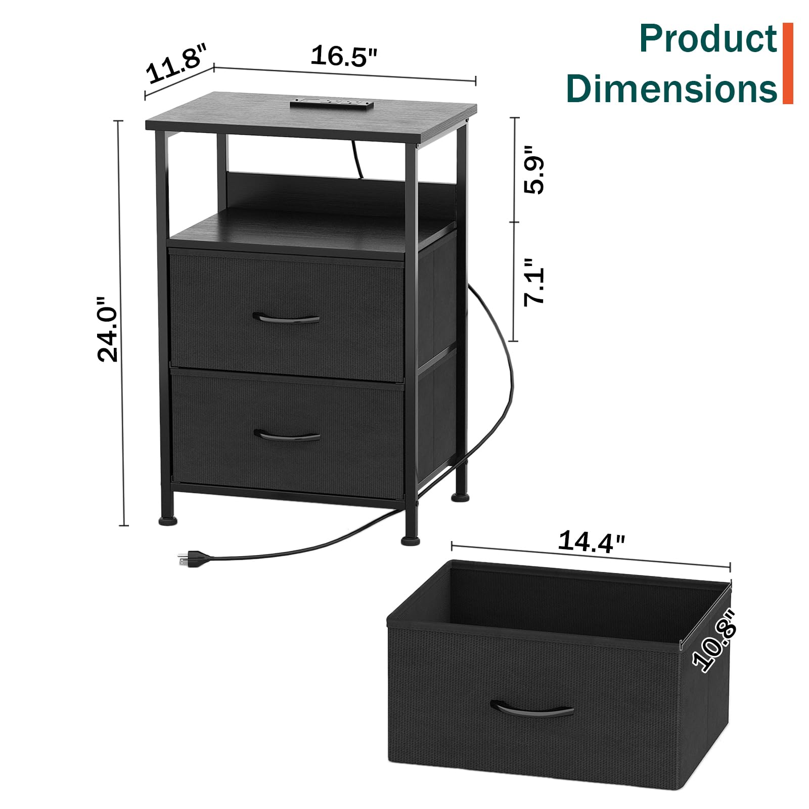 Flrrtenv Bedside Table with Charging Station, Smart Beside Cabinet, Nightstand with 2 Fabric Drawers & LED Light