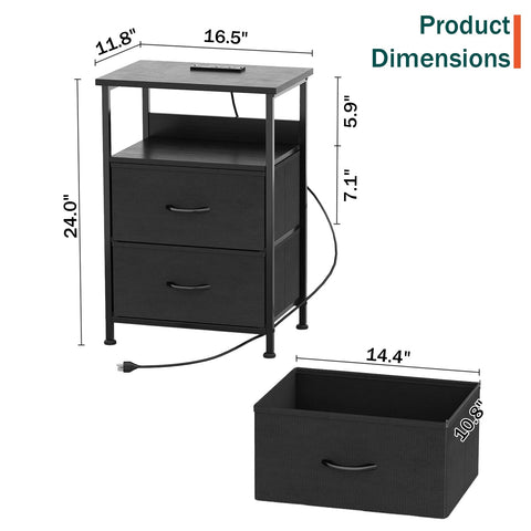 Flrrtenv Bedside Table with Charging Station, Smart Beside Cabinet, Nightstand with 2 Fabric Drawers & LED Light