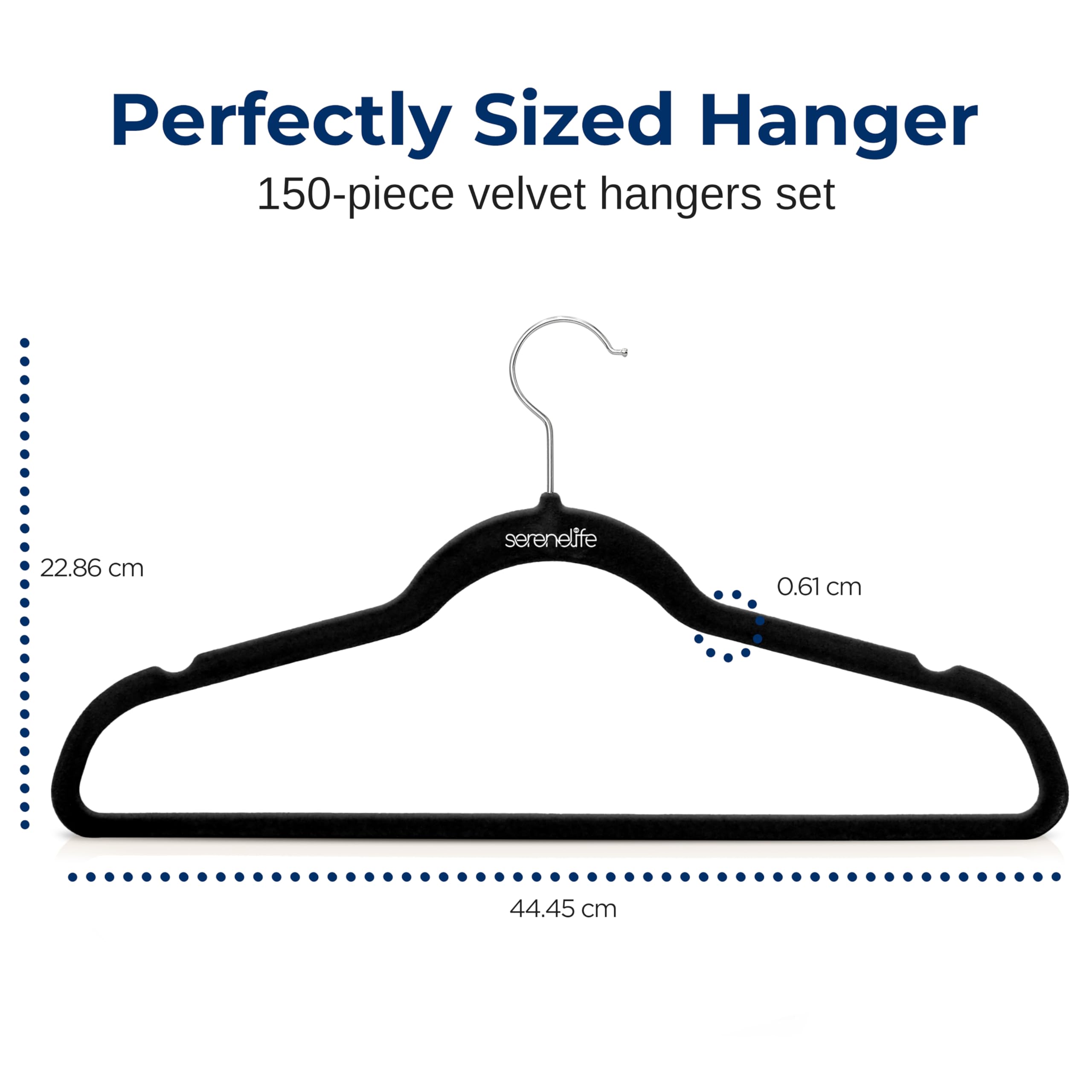 SereneLife Non-Slip Velvet Hangers, Mega Pack, 150 Pieces Hangers for Clothes, Heavy Duty Cloth Hanger Set with 360 Degree Swivel Hook, Black