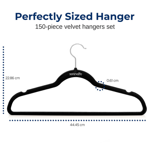 SereneLife Non-Slip Velvet Hangers, Mega Pack, 150 Pieces Hangers for Clothes, Heavy Duty Cloth Hanger Set with 360 Degree Swivel Hook, Black