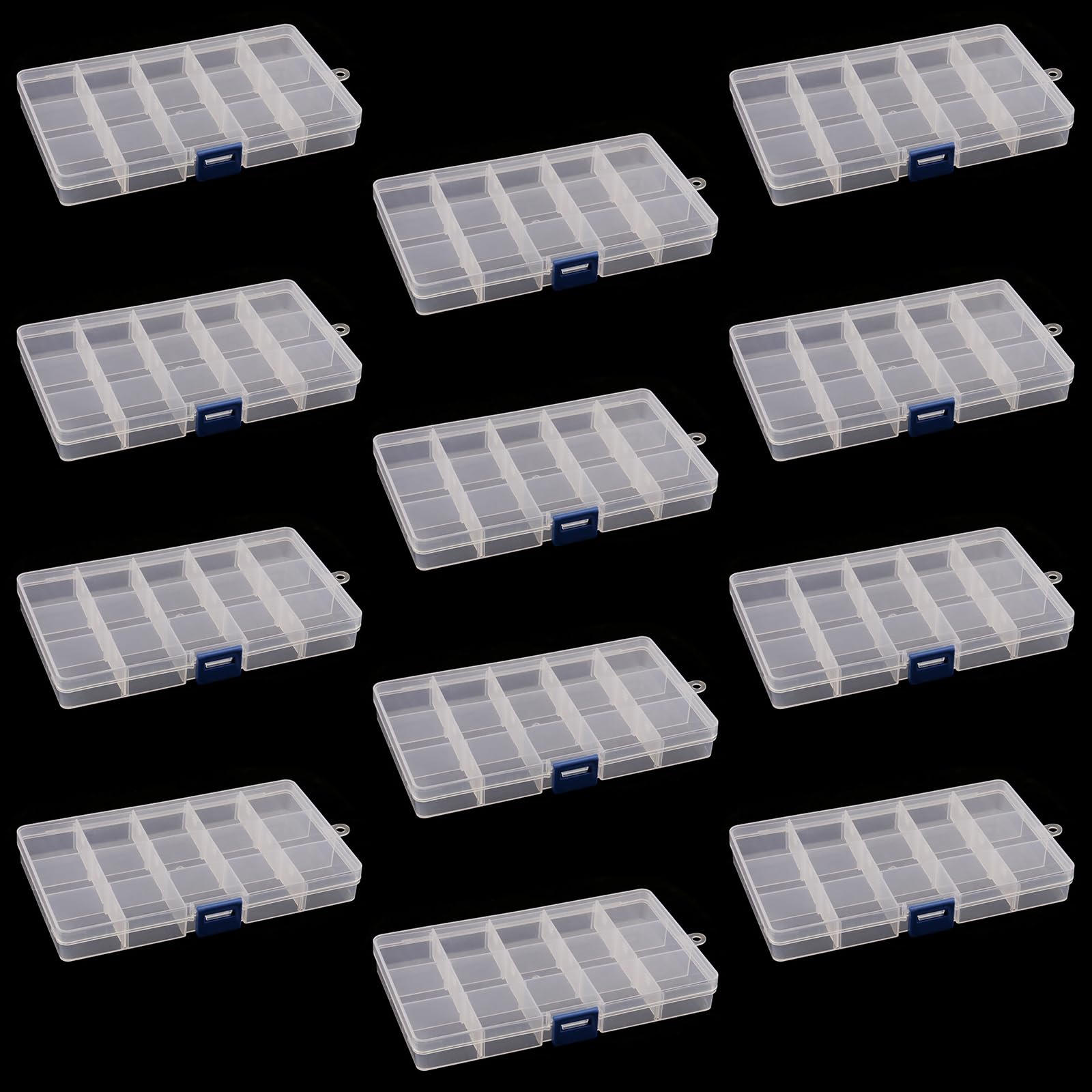 DAKFOOK 12 Pack 15 Grid Bead Organiser Storage Box,17.3x9.8x2.3cm Transparent Craft Bead Storage Boxes with Removable Compartments,15 Compartment