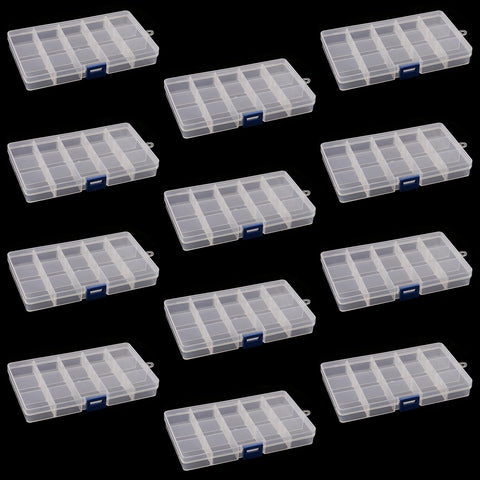 DAKFOOK 12 Pack 15 Grid Bead Organiser Storage Box,17.3x9.8x2.3cm Transparent Craft Bead Storage Boxes with Removable Compartments,15 Compartment