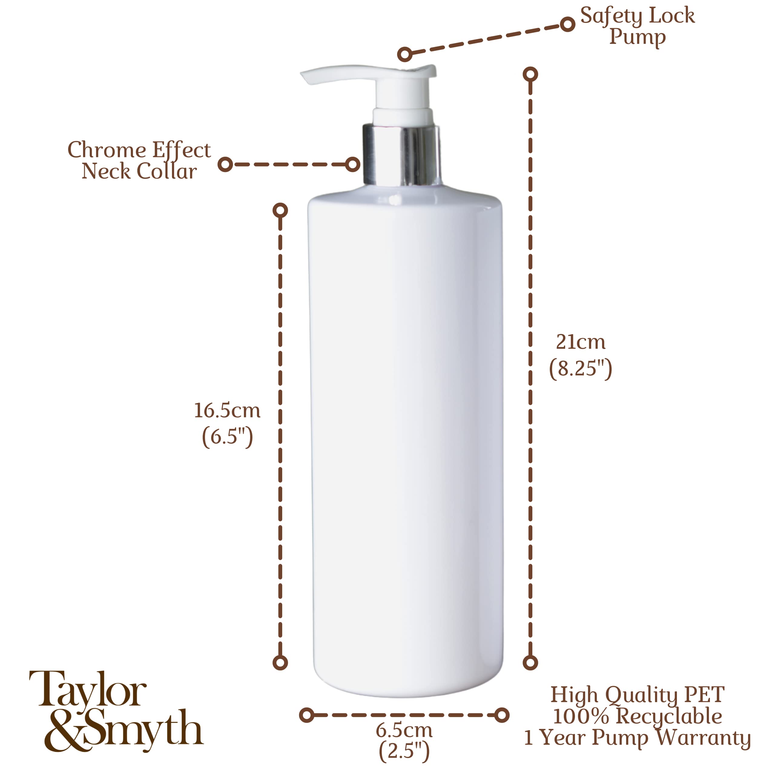 Taylor & Smyth 3 x 500ML PET PUMP DISPENSER BOTTLE MRS HINCH STYLE BATHROOM KITCHEN SHAMPOO CONDITIONER CONDITIONER WHITE CHROME