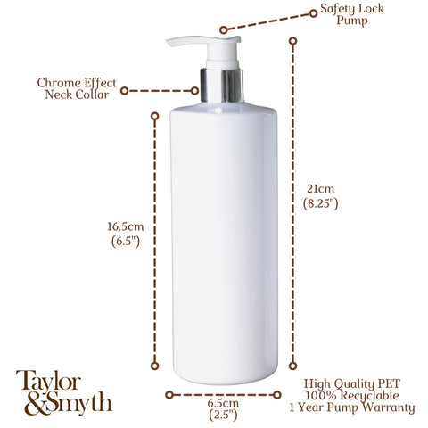 Taylor & Smyth 3 x 500ML PET PUMP DISPENSER BOTTLE MRS HINCH STYLE BATHROOM KITCHEN SHAMPOO CONDITIONER CONDITIONER WHITE CHROME
