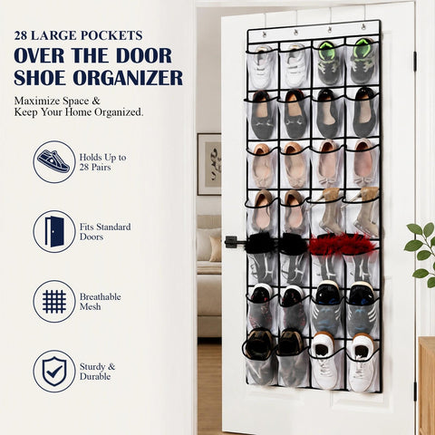 EVTHUR Over Door Shoe Storage Organiser 28 Large Mesh Pockets Hanging Shoe Rack Holder with 4 Hooks