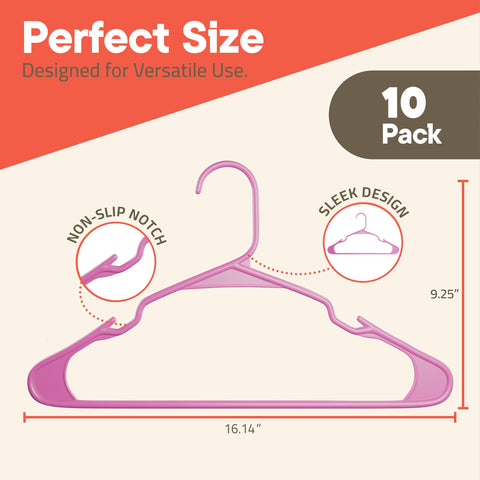 Campior Pink Plastic Hangers 10 Pack Heavy-Duty, Space-Saving, Non-Slip, Durable & Lightweight PP Hangers for Clothes