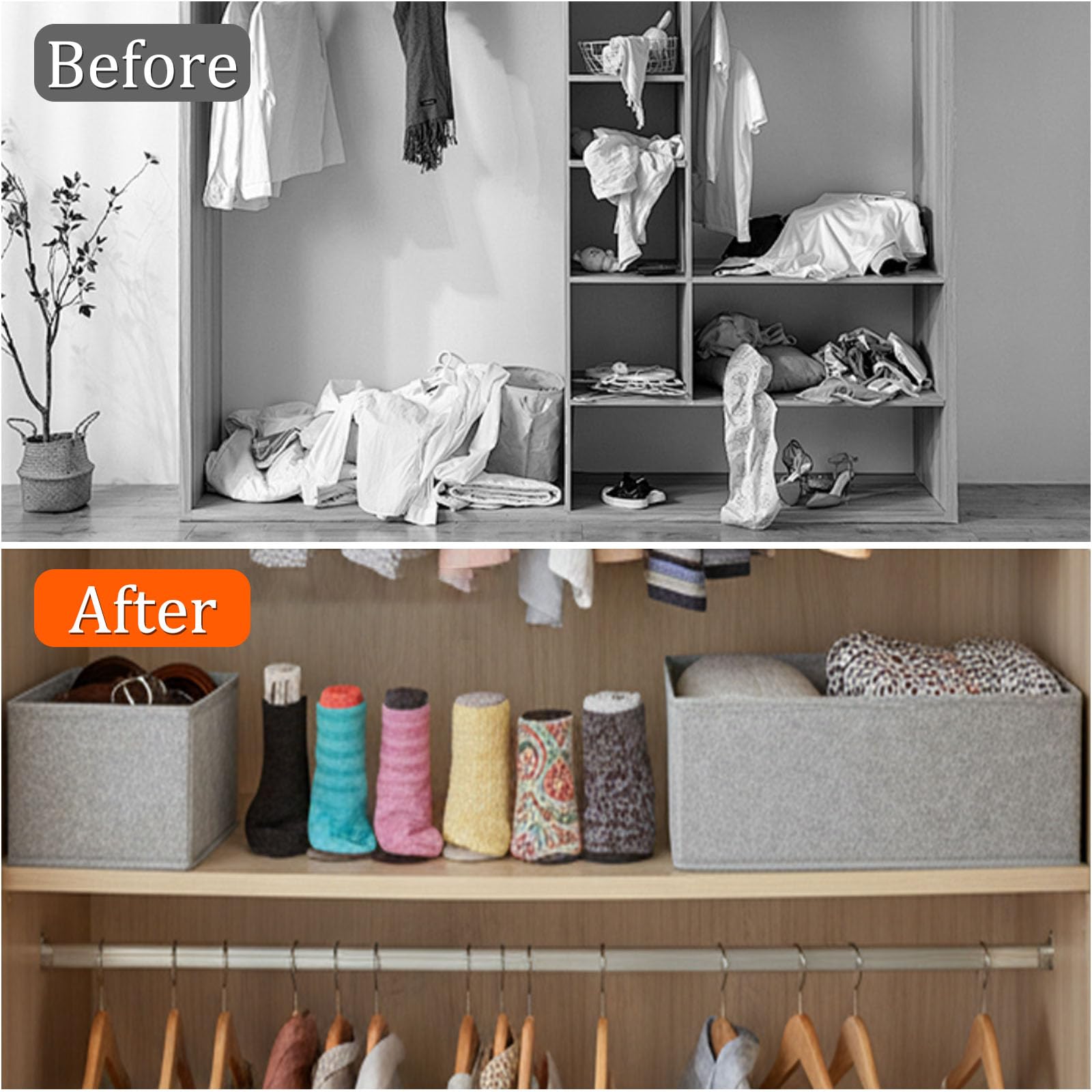 X-YSUNEAS Collapsible Fabric Storage Organizer Bins, 2 Size Foldable Closet Drawer Storage Boxes, 28×14×12cm & 14.5×14.5×12cm