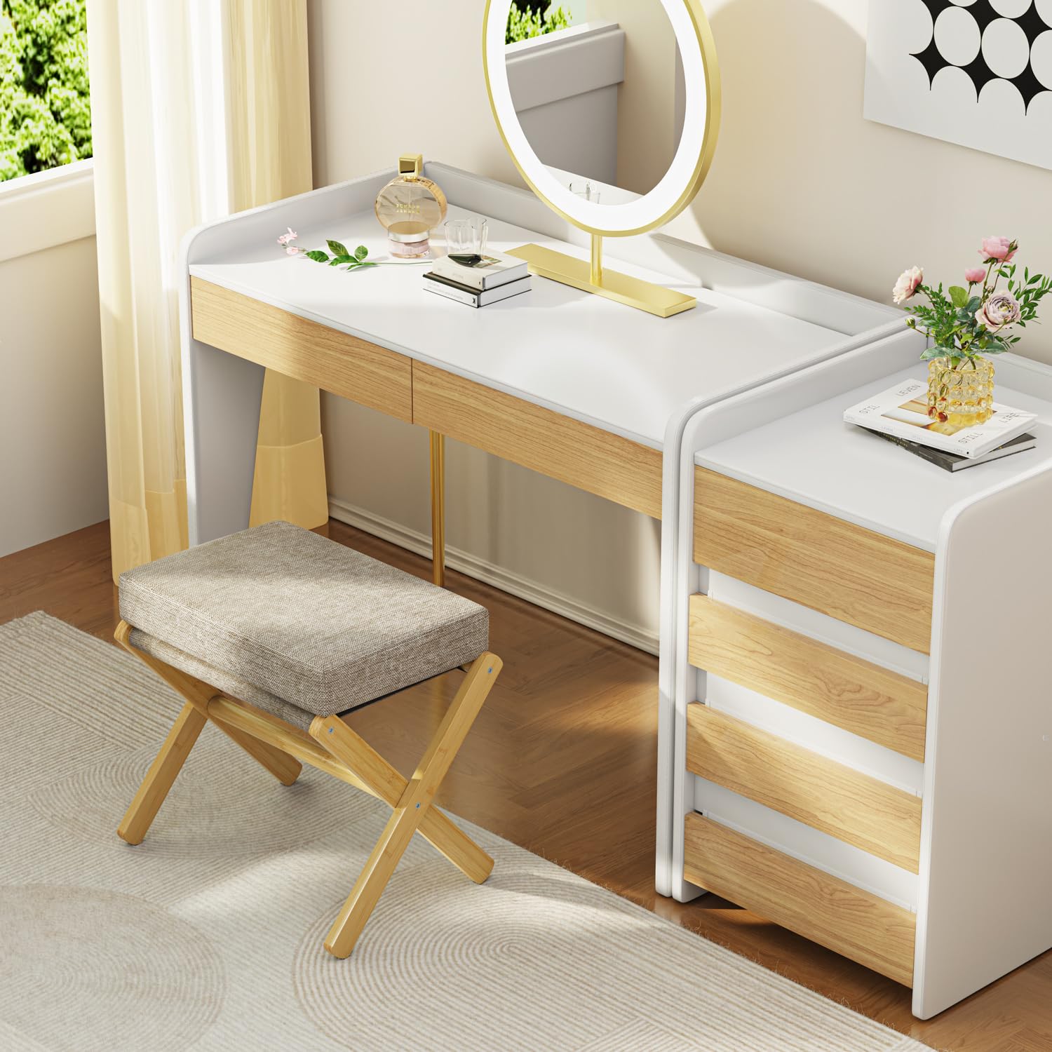 BAMBOOHOMIE Foldable Foot Stool Ottoman, Modern Foot Rest with Bamboo X Legs & Thick Foam Cushion